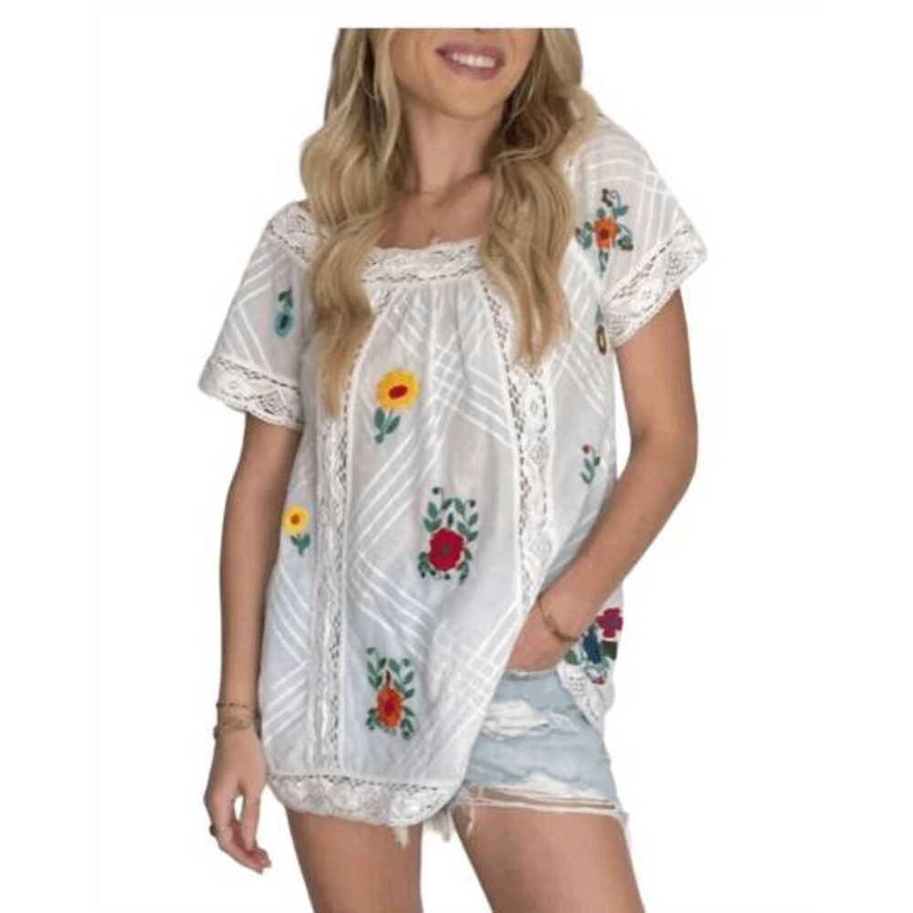 Fox In Gown White Floral Embroidered Flora Tunic Top Women's Size XS/Small